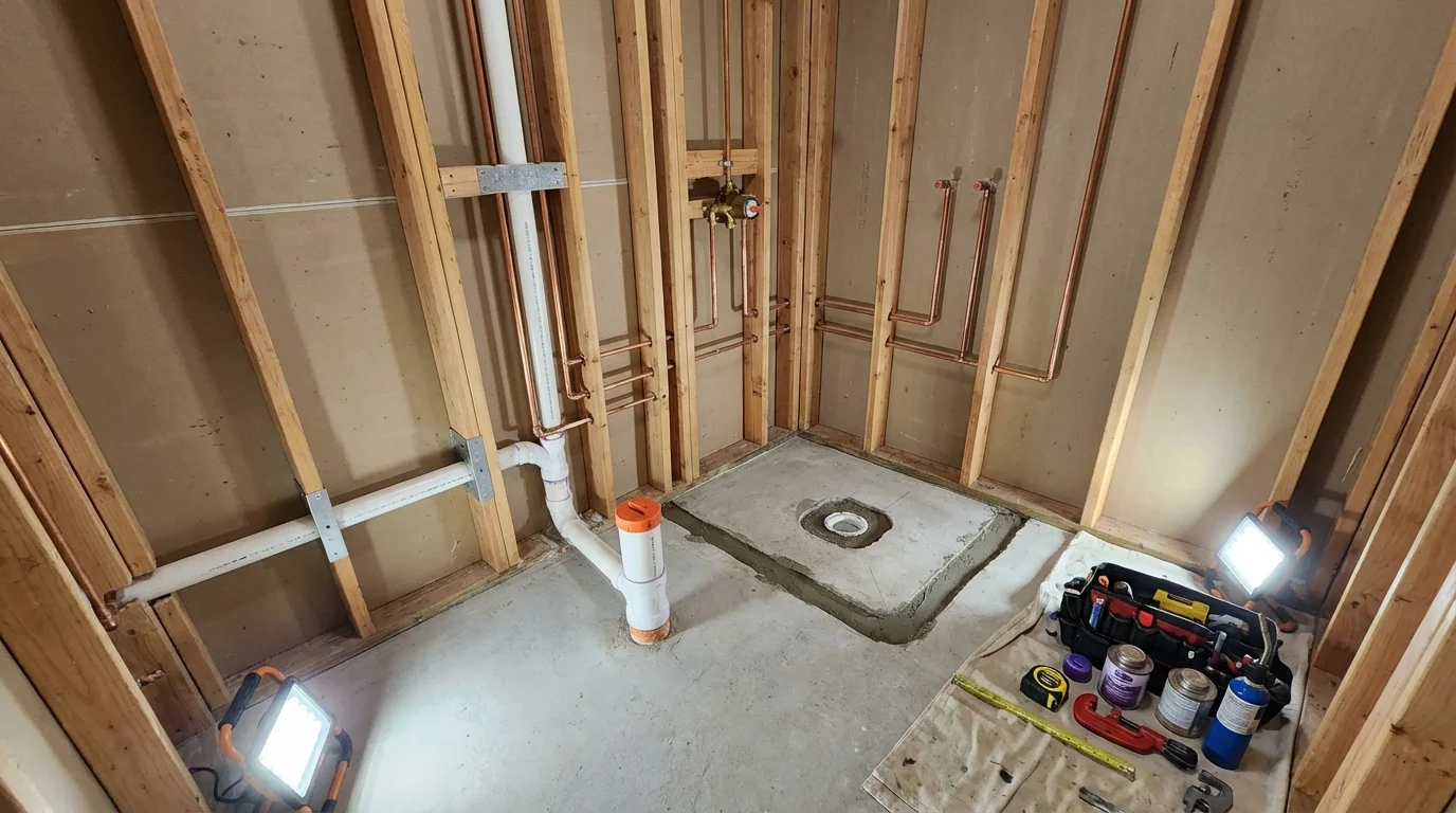 Bathroom rough-in plumbing during remodel by Johns Plumbing LLC in Lewis Center