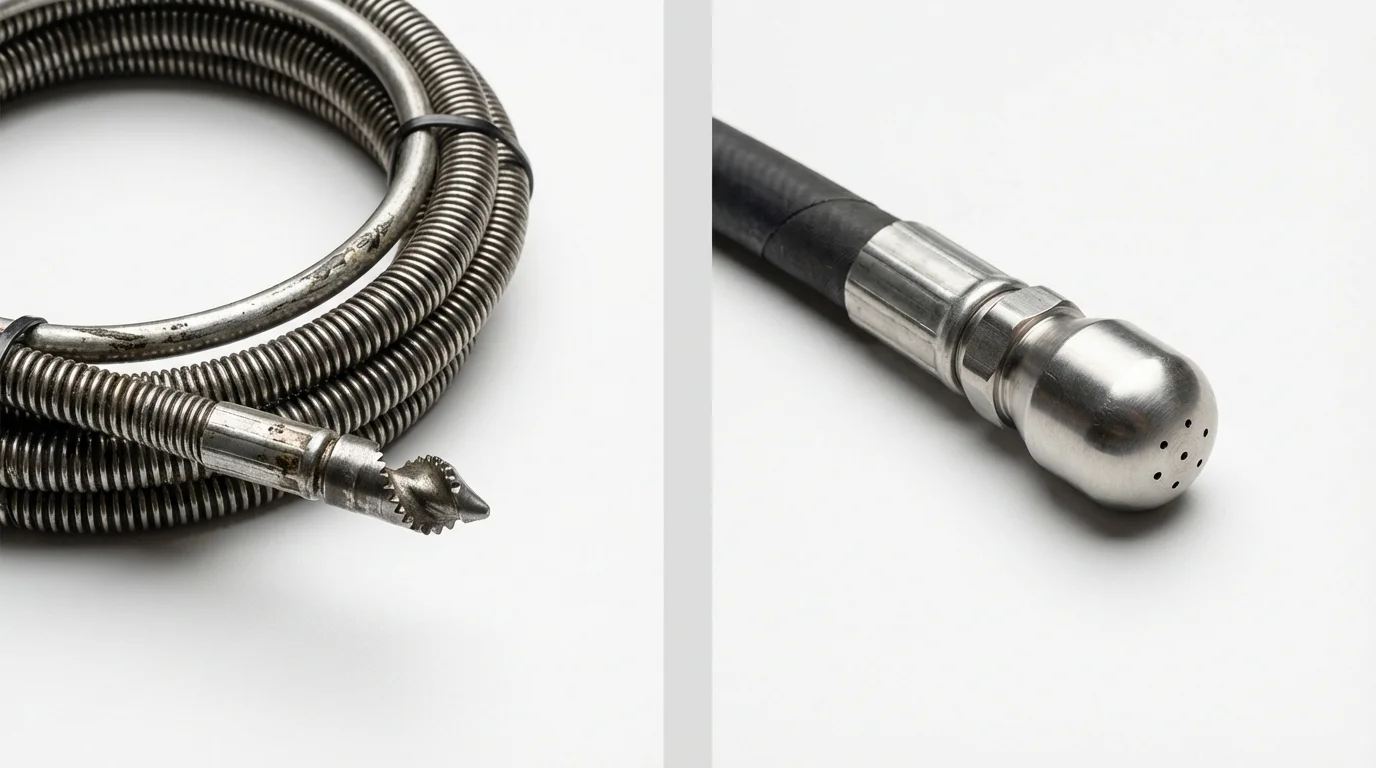Drain snake cable and hydro jetting nozzle used for drain cleaning in Lewis Center, OH