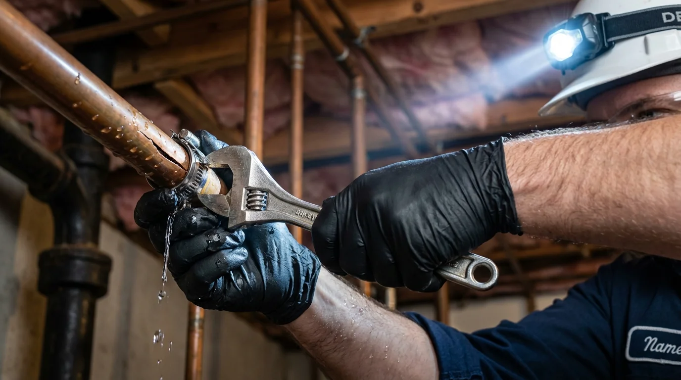 Emergency pipe clamp repair being performed by a Johns Plumbing LLC plumber in Lewis Center
