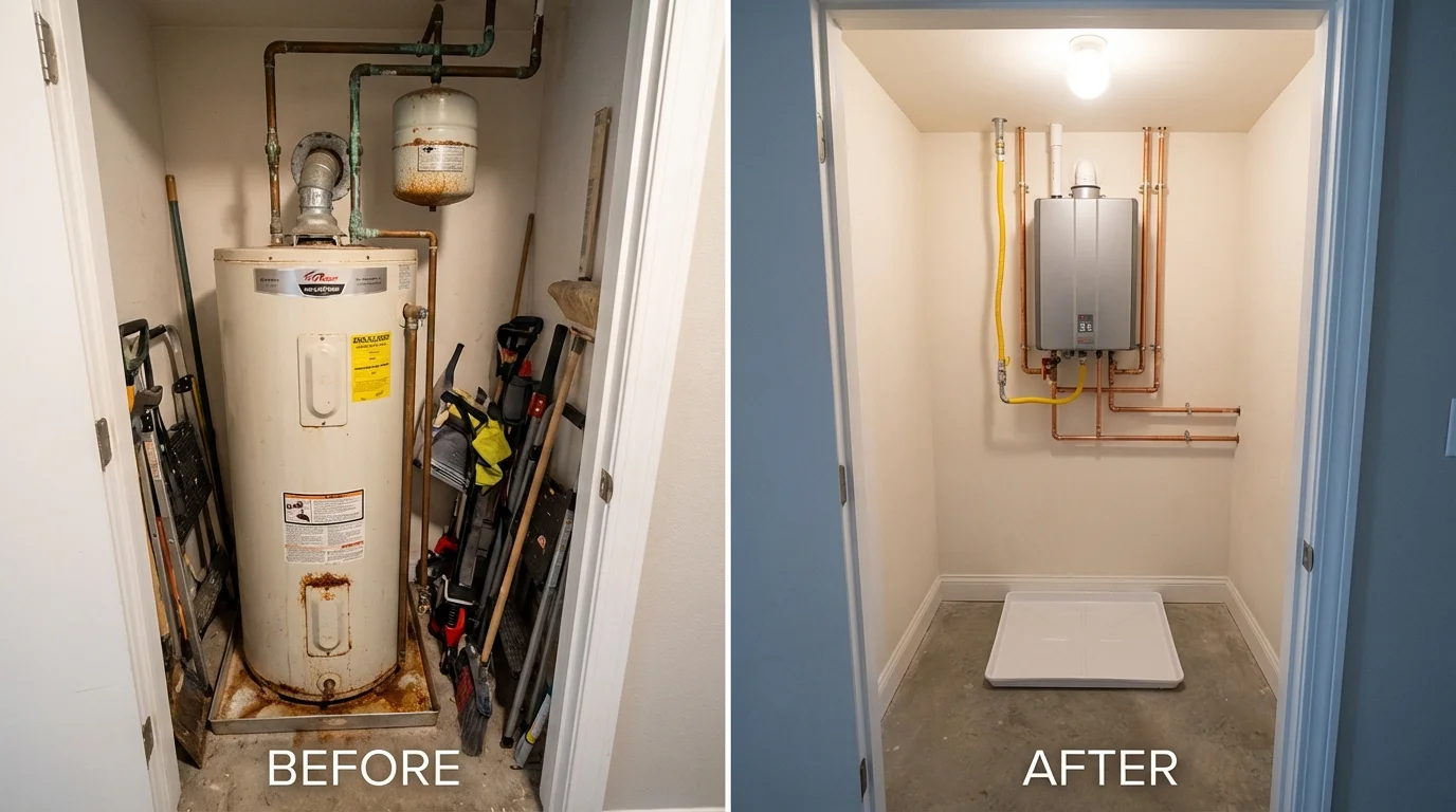 Tank water heater versus wall-mounted tankless unit comparison for Lewis Center, OH homeowners