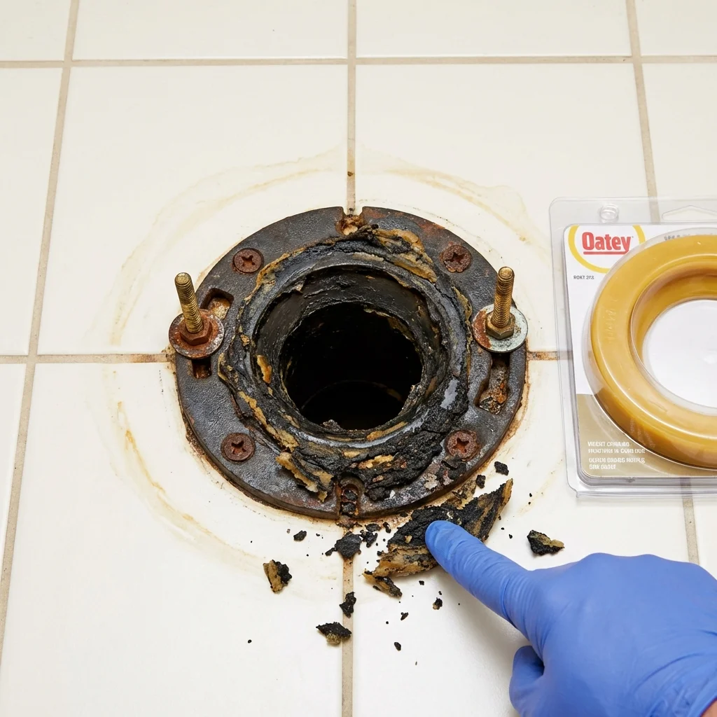 Failed wax ring showing water seepage at the base of a toilet in a Lewis Center, OH home