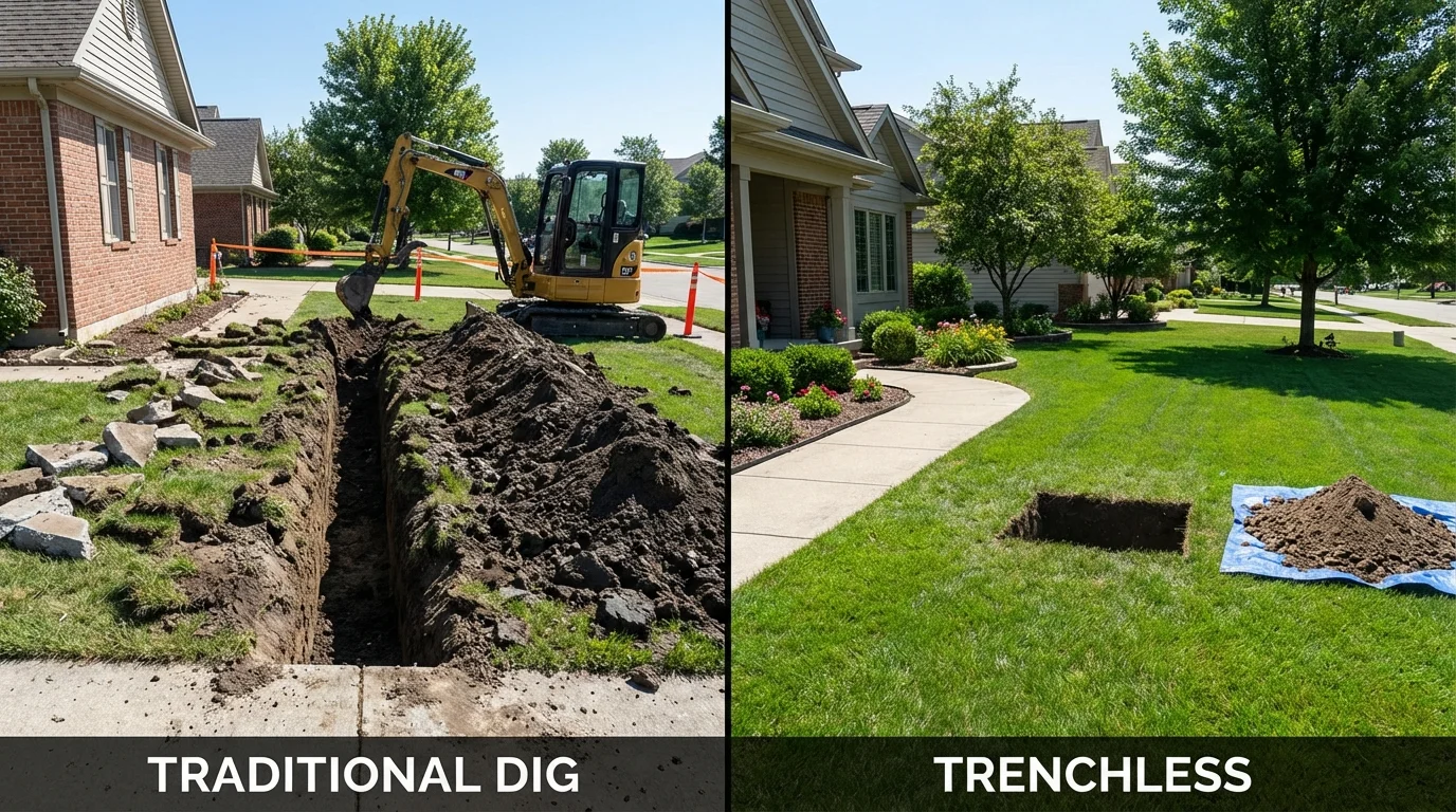 Trenchless sewer repair with minimal yard damage versus traditional excavation in Lewis Center, OH