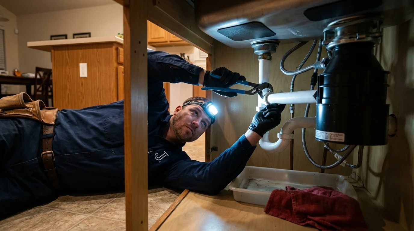 P-trap and supply line connections under a kitchen sink showing a common leak point in Lewis Center, OH